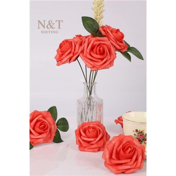 Artificial Fall Wedding Flowers 25pcs Coral Mother's Day Fake Roses w/Stem DIY - Picture 2 of 7